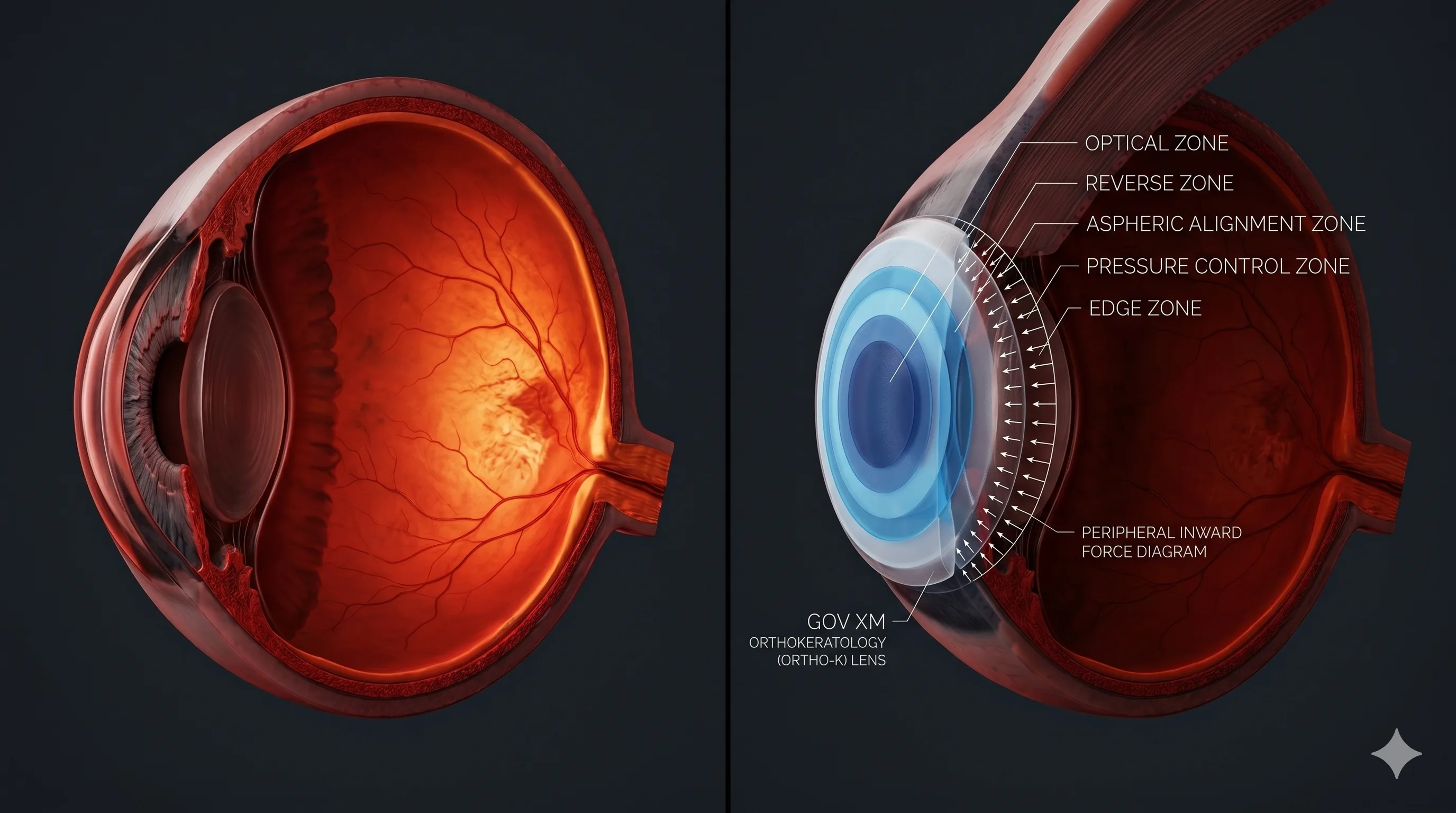 GOV® XM Ortho-K lens — sơ đồ lực đẩy hướng tâm ngoại vi trên nhãn cầu
